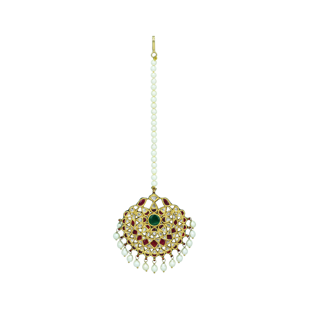 Emerald and Ruby Floral Polki Mangtikka with Pearl Drops